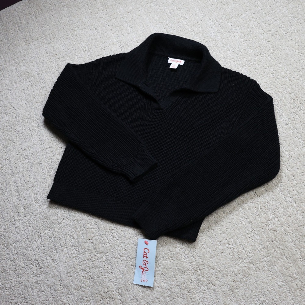 Cat & Jack Kids Black Shaker Stitch Polo Collar Sweater Size S 6/7 NWT